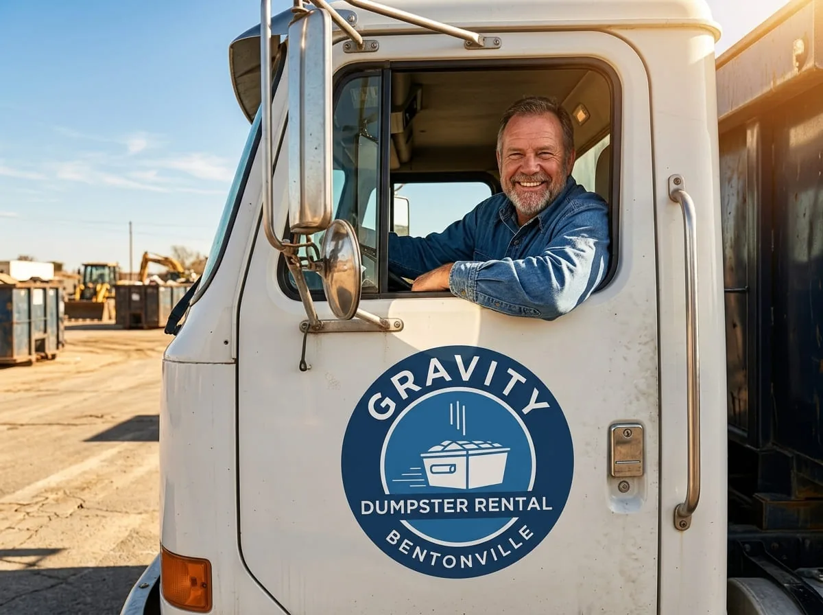 Speaking with a Gravity Dumpster Rental Bentonville driver beside a roll-off container